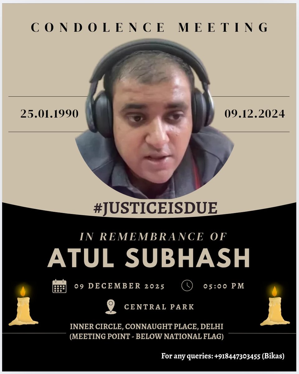 DeepikaBhardwaj's tweet image. A YEAR OF

Suicide that rocked the Nation

Suicide that made an entire nation understand pain &amp;amp; suffering countless men are going through 

Suicide, Justice for which is still due

Let us gather tomorrow to remember a man who gave life for a cause - ATUL SUBHASH

#JusticeIsDue