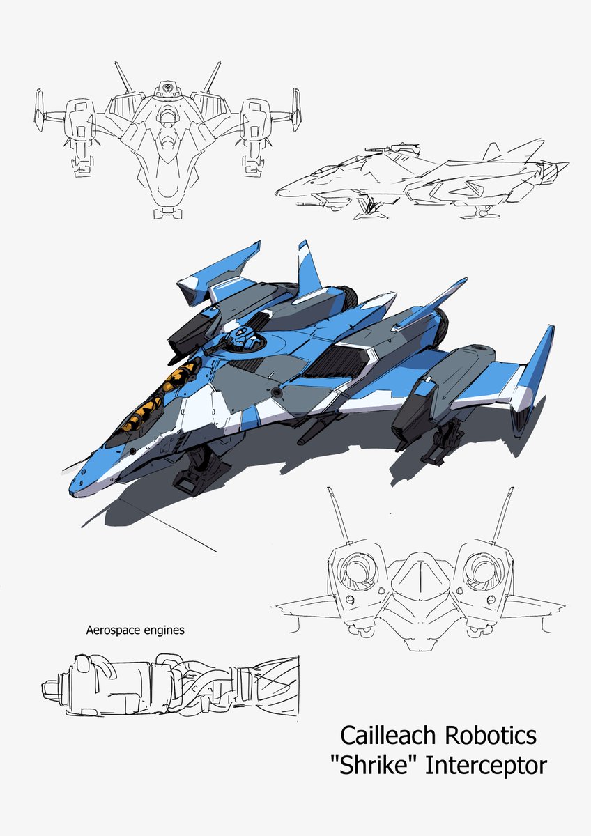 Shrike Interceptor; an aerospace craft that is usually supported by two Sparrow drones, not pictured here, and is manned by two pilots.

#scifi #HeavensAblaze