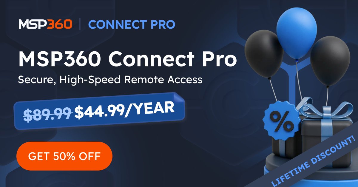 msp360's tweet image. Final hours to get #MSP360 Connect Pro at 50% OFF!

TLS-encrypted channels, unattended access, file transfer, session recording and cross-platform support.

Don't wait – the offer expires today: hubs.ly/Q03Xg-4J0

#BlackFriday #RemoteAccess #CyberSecurity #SecureConnection