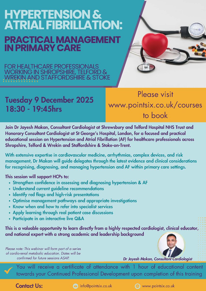PCIssuesAnswers's tweet image. #HCPs, would you like a focused and practical
educational session on Hypertension and Atrial Fibrillation (AF) for healthcare professionals across
Shropshire, Telford &amp;amp; Wrekin and Staffordshire &amp;amp; Stoke-on-Trent? @Pointsixt -  pointsix.co.uk/courses