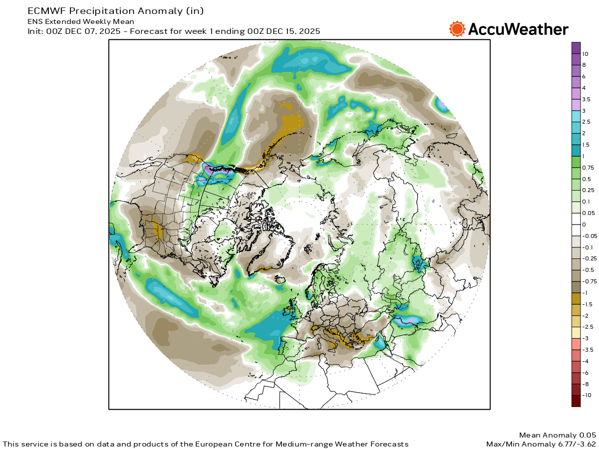Academicmeteor1's tweet photo. ECMWF Weekly Forecast (7–15 December)
A negative 500 hPa geopotential height (Z500) anomaly is expected, signalling unsettled conditions with increased precipitation and heavy rainfall across #Iran, Iraq, Syria, Jordan, Kuwait, and Saudi Arabia.
#Iranweather
#middle_esat https://t.co/GteHLFWvlM