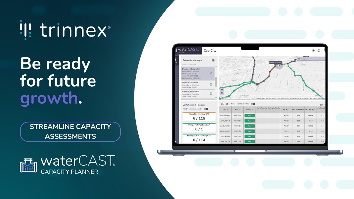 With waterCAST Capacity Planner, utilities can:

💧 Manage sewer permits
💧 Capture capacity bottlenecks
💧 Streamline capacity reservations

➡️ Learn how waterCAST Capacity Planner supports sustainable development: trinnex.io/products/capac…

#TrustInWhatsNext #SmartInfrastructure