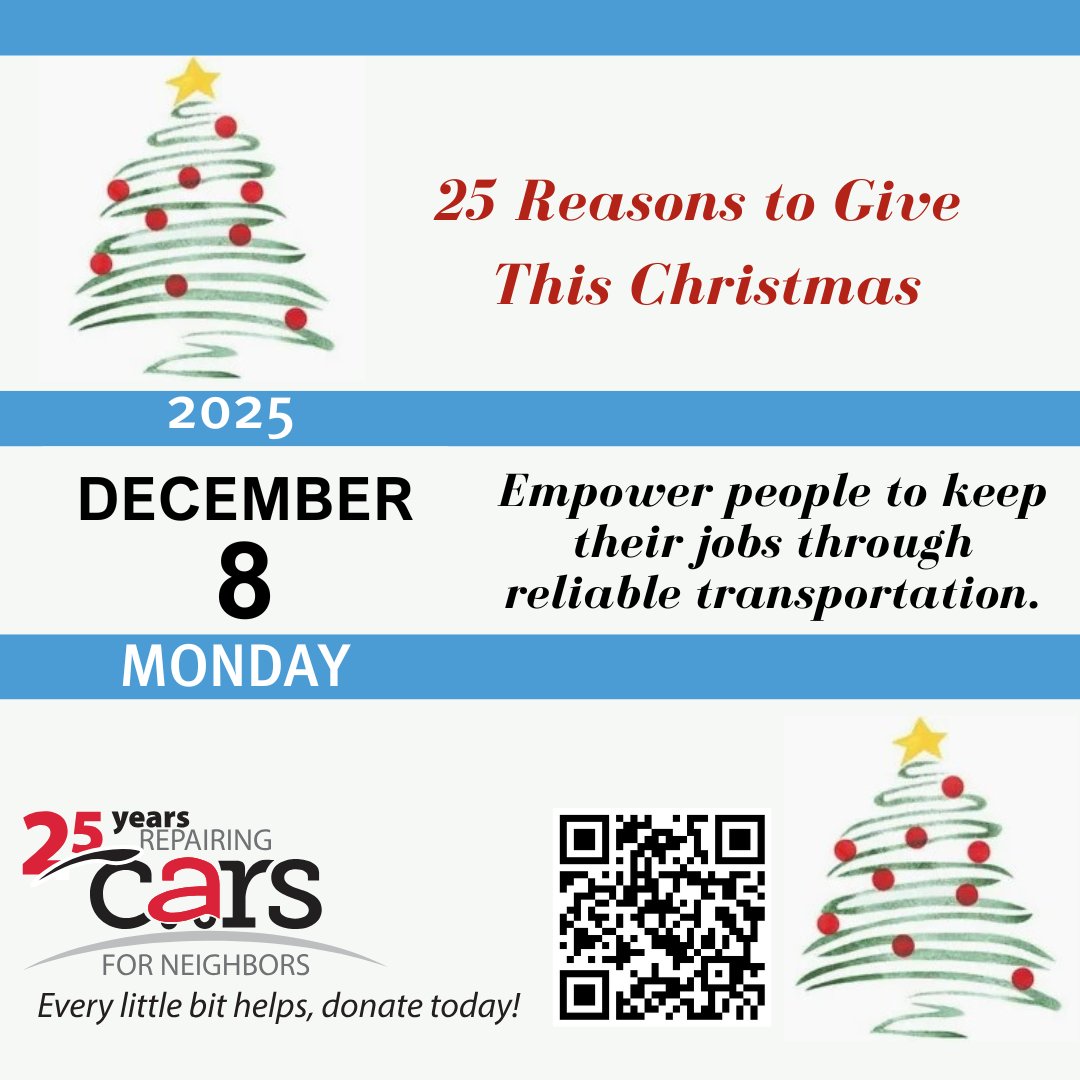 CarForNeighbors's tweet image. 25 Reasons to Give — Reason #8: Empower people to keep their jobs through reliable transportation. Every gift helps a neighbor stay safe, employed, and connected. 🚗✨ Give now: bit.ly/3P3OqmK  

#GiveHope #ReasonsToGive #HandUp #TogetherWeCan