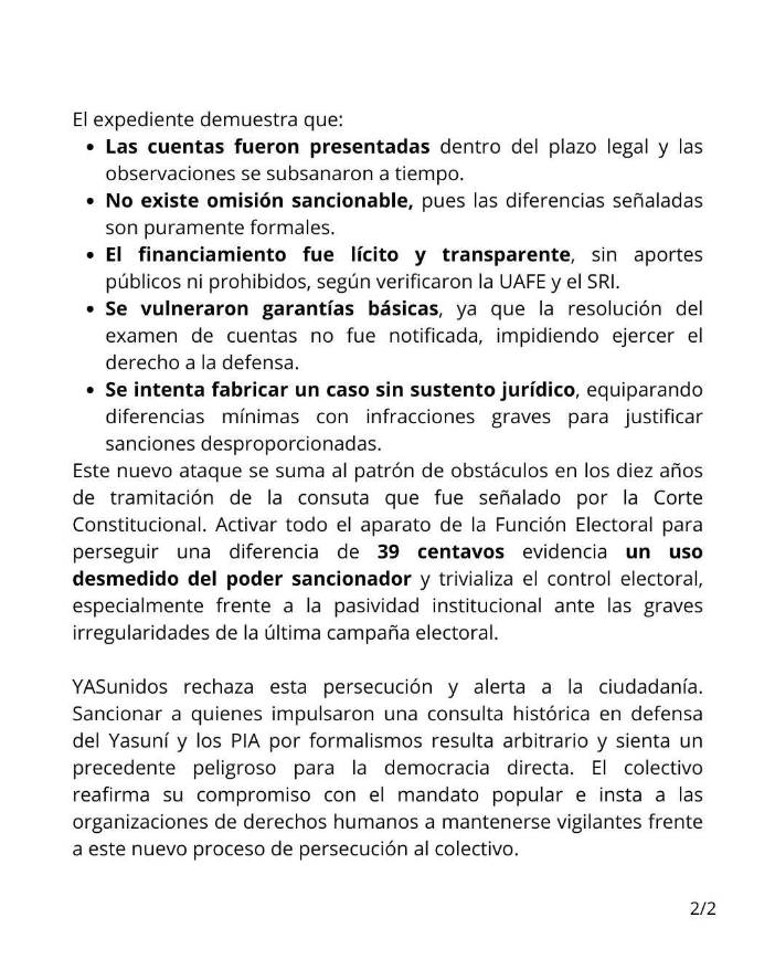 EcEnDirecto's tweet photo. #ATENCIÓN
#YASunidos dio a conocer un nuevo proceso sancionatorio en su contra, luego de una demanda del #CNE por una supuesta “no presentación” de cuentas de campaña de la consulta del Yasuní 2023. https://t.co/5uag4WkxvC