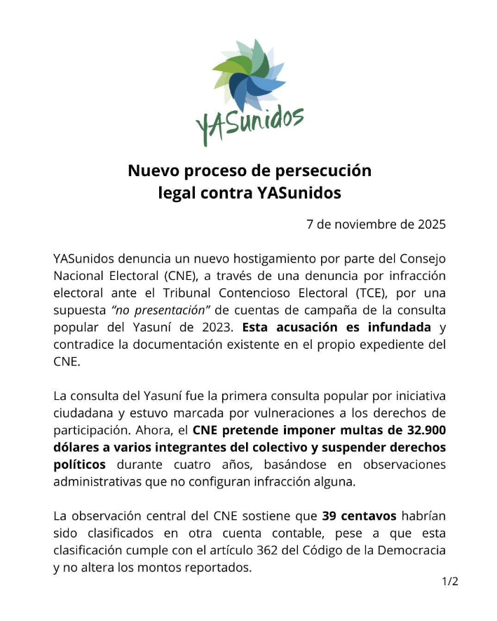 EcEnDirecto's tweet photo. #ATENCIÓN
#YASunidos dio a conocer un nuevo proceso sancionatorio en su contra, luego de una demanda del #CNE por una supuesta “no presentación” de cuentas de campaña de la consulta del Yasuní 2023. https://t.co/5uag4WkxvC