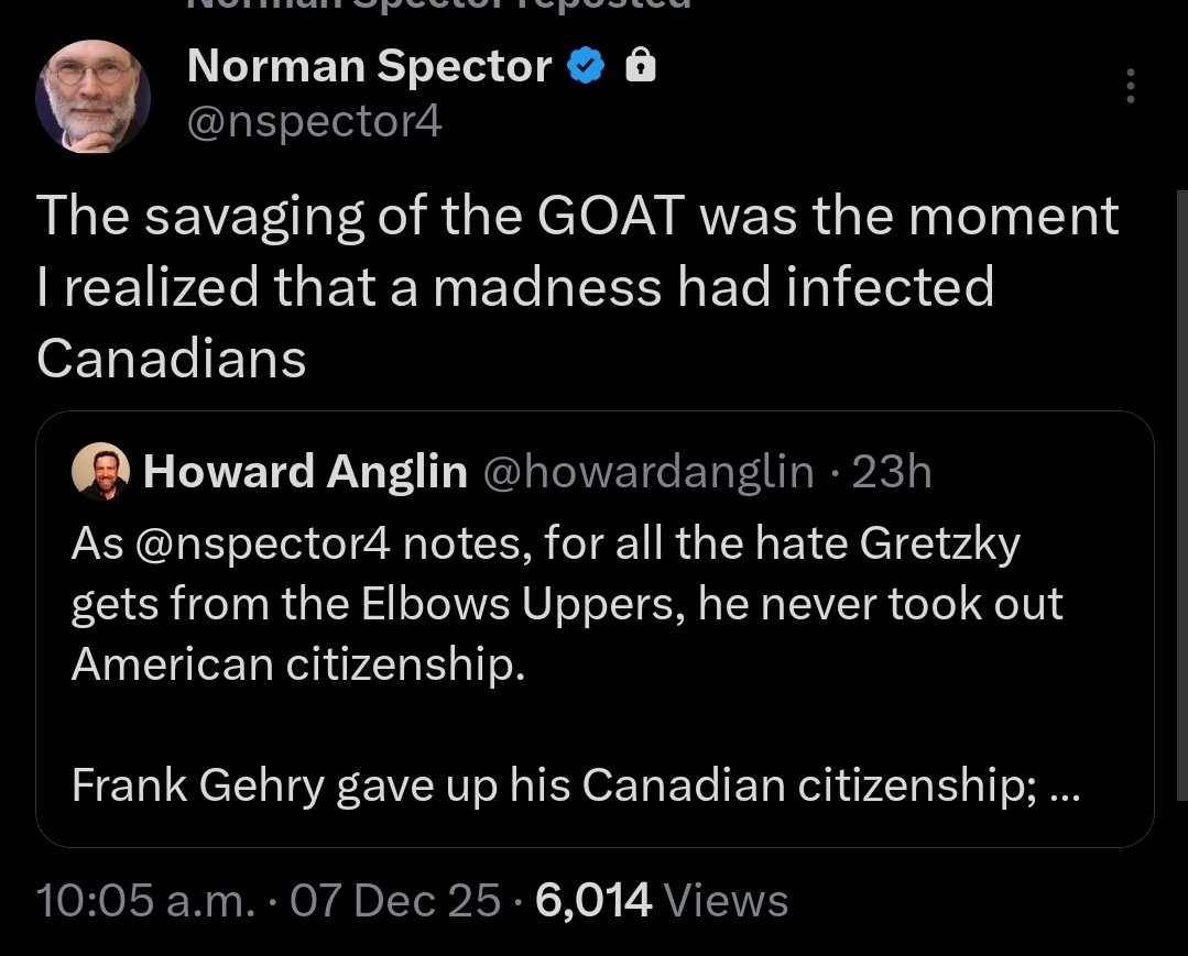 "The savaging of the GOAT was the moment I realized that a madness had infected Canadians"
<a href="/nspector4/">Norman Spector</a> 

This: 👆