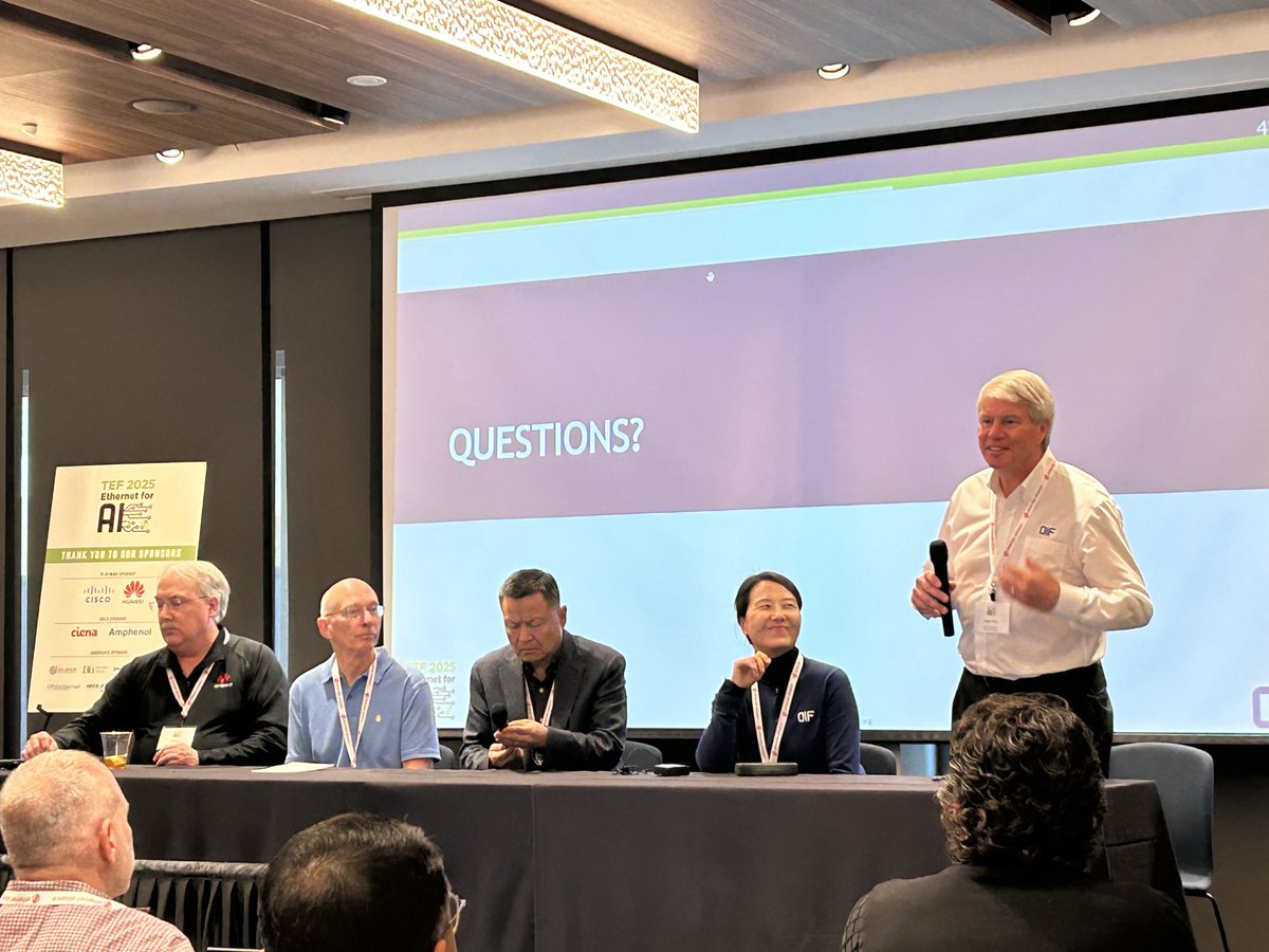 OiForum's tweet photo. Great discussion at @EthernetAllianc's TEF event last week as OIF President Nathan Tracy led a panel featuring Cathy Liu, Mike Li, Jeff Hutchins and John Calvin on the requirements shaping scale-up/scale-out AI architectures.
#TEF2025 #AIinfrastructure #448G https://t.co/k7fXvUXYoY