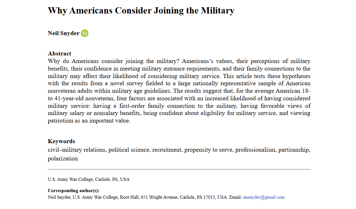 AFS_SAGE's tweet photo. Check out this new article in #OnlineFirst! Why Americans Consider Joining the Military - Neil Snyder, 2025 https://t.co/LnaOsHn2SU https://t.co/SW5DbObYht