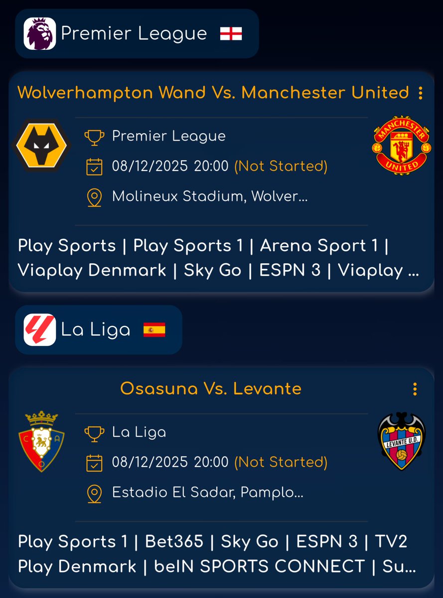 Todays Key Fixtures ⚽️🔥

#PremierLeague:
🏴󠁧󠁢󠁥󠁮󠁧󠁿 #Wolves Vs. #ManUnited

#LaLiga:
🇪🇸 Osasuna Vs. #Levante

#FACup:
🏴󠁧󠁢󠁥󠁮󠁧󠁿 Brackley Town Vs. #BurtonAlbion

#SerieA:
🇮🇹 Pisa Vs. #Parma
🇮🇹 Udinese Vs. #Genoa
🇮🇹 #Torino Vs. Milan

Every Match Listing. Every Match Stat 📲