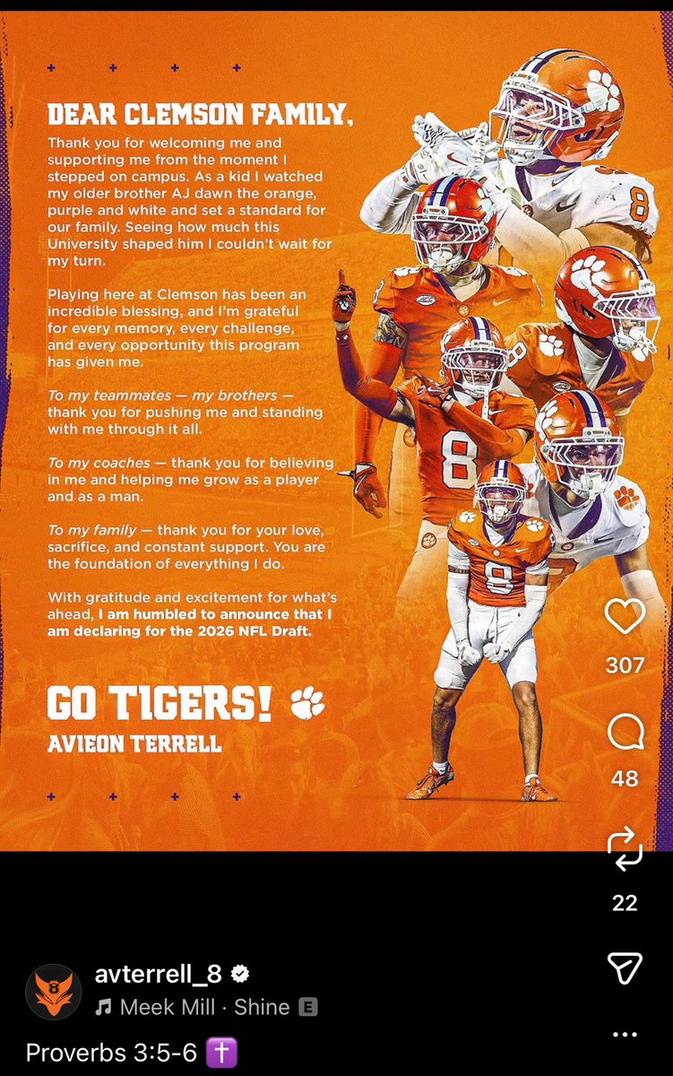 Clemson junior CB Avieon Terrell announces on Instagram he is leaving school early for the 2026 NFL Draft
