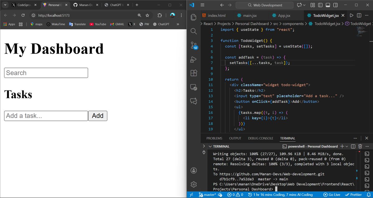 MananCodes123's tweet image. 🚀Day 66  #CoderArmy 
Kicked off a new project: Personal Dashboard!
Stack: HTML + CSS + JS + React ⚛️
Built my first component’s structure today starting small, leveling up fast.
First React project… confidence loading 🔋💻
#buildinpublic  #reactjs  #webdev @rohitnegi