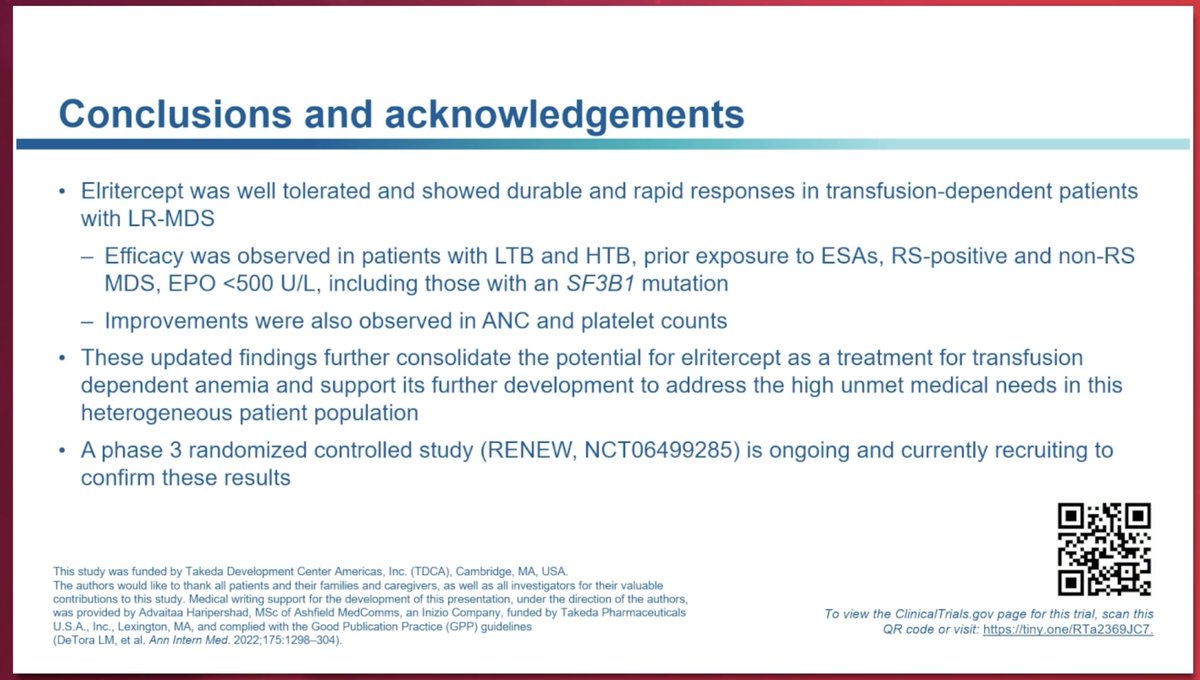 drsomedeb's tweet image. P2 Elritercept data showing encouraging HI/ response in certain difficult to treat subsets of high transfusion burden and non-RS LR-MDS. ANC and platelet improvements are modest. Look forward to global P3 #RENEW study. #MDSsm #ASH25 @AshKishtagari @Ramikomrokji