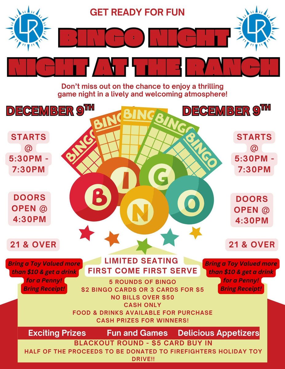 BullheadFire's tweet image. Come out to Laughlin Ranch tomorrow, December 9th, for a fun night of Bingo!!

Also, if you bring a toy valued more than $10 you can get a drink for only a penny! 📷 but make sure you bring the receipt for the toy!

Can’t wait to see everyone there!!