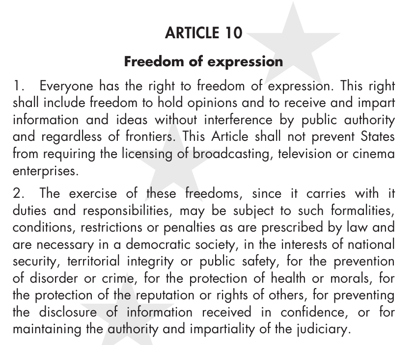 Links: First Amendment to the U.S. Constitution
Rechts: artikel 10 EVRM

Je mag het verschil goed vinden, slecht vinden, maakt niet uit: er is nog geen enkele serieuze jurist gevonden die beweerde dat de EVRM-bepaling een even grote bescherming biedt als 1A.

Geen enkele.
