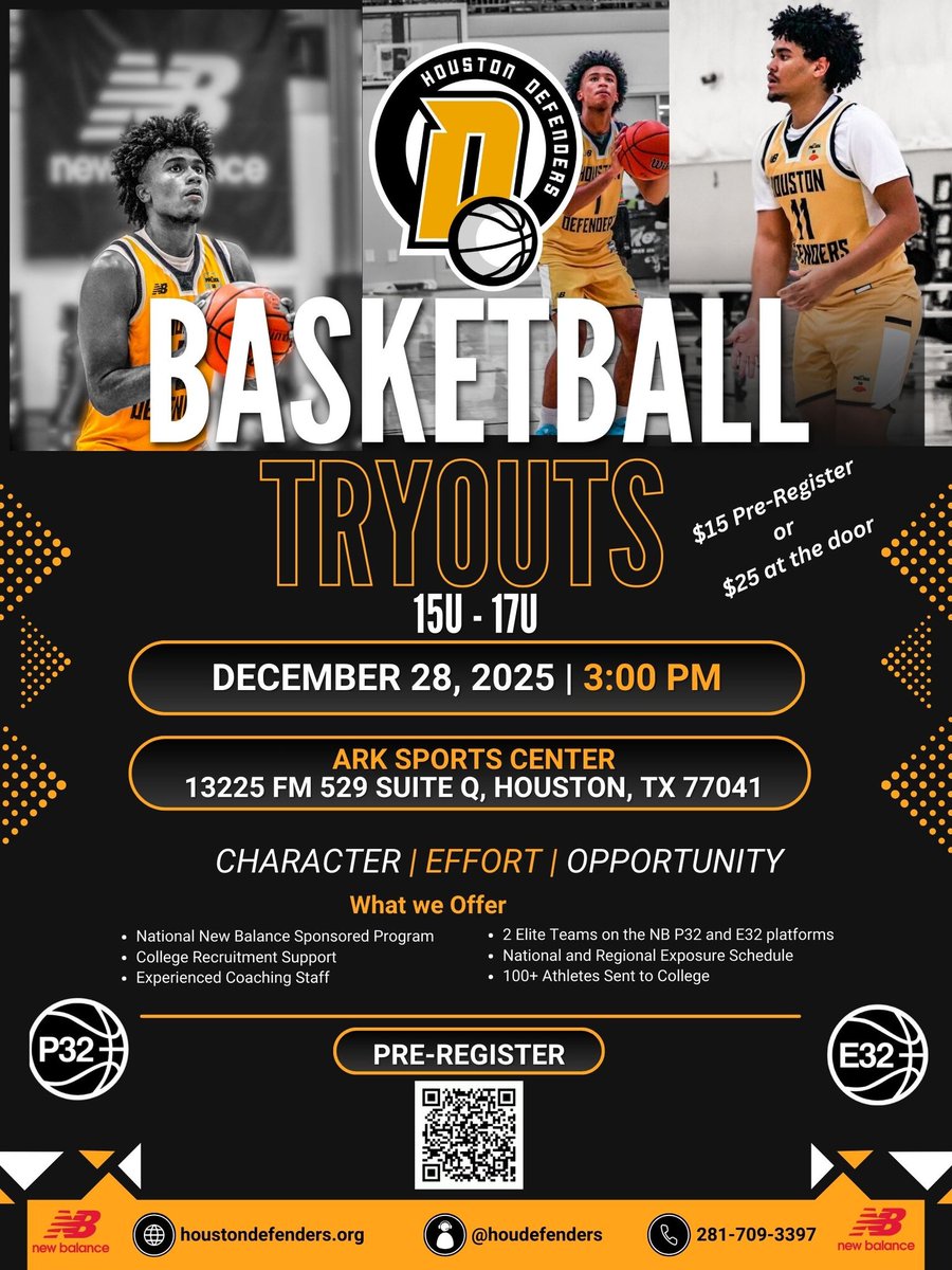 🔥 HS TRYOUTS! 🔥
Come and earn a spot we will have a team for New Balance P32 and E32 platform on each level

📅 Sunday, Dec 28
📍 Ark Sports (13225 FM 529 Suite Q, Houston, TX 77041)
🕓 3PM | 15u–17u
$15 pre-register or $25 at the door
💻 Register now 👉 form.jotform.com/253166761476162