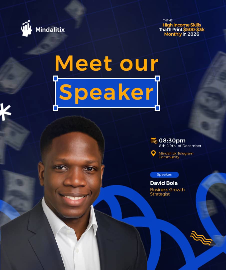 mindalitix's tweet photo. 🔥 DAY 1 — TONIGHT WITH DAVID BOLA 🔥

Join us at 8:30 PM for an intriguing session with Business Growth Strategist, David Bola.

Gain clear, practical insights on how digital skills can shape your income by 2026.

📍 Don’t miss it. Invite someone in.  
🔗 https://t.co/FRAGnBNtuE https://t.co/2Yt4ftrgdn