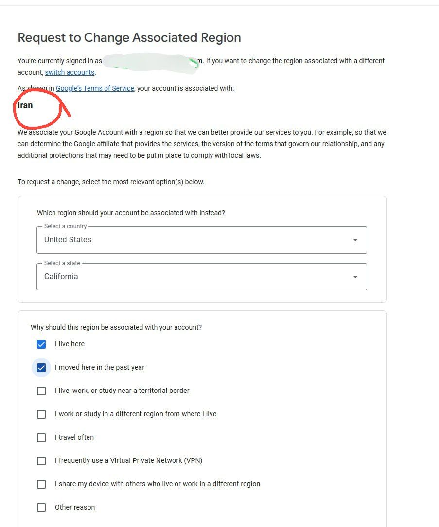 تغییر ریجن اکانت گوگل خیلی سخت و غیر ممکن شده و بشدت اذیت می‌کنه 
بخاطر همین خیلی گشتم و این فرم رو پیدا کردم 
کافیه فرم رو باز کنید و بزارید روی کشور مورد نظر و تمام 
بین نیم ساعت تا ۲۴ ساعت طول می‌کشه انجام بشه 
policies.google.com/country-associ…