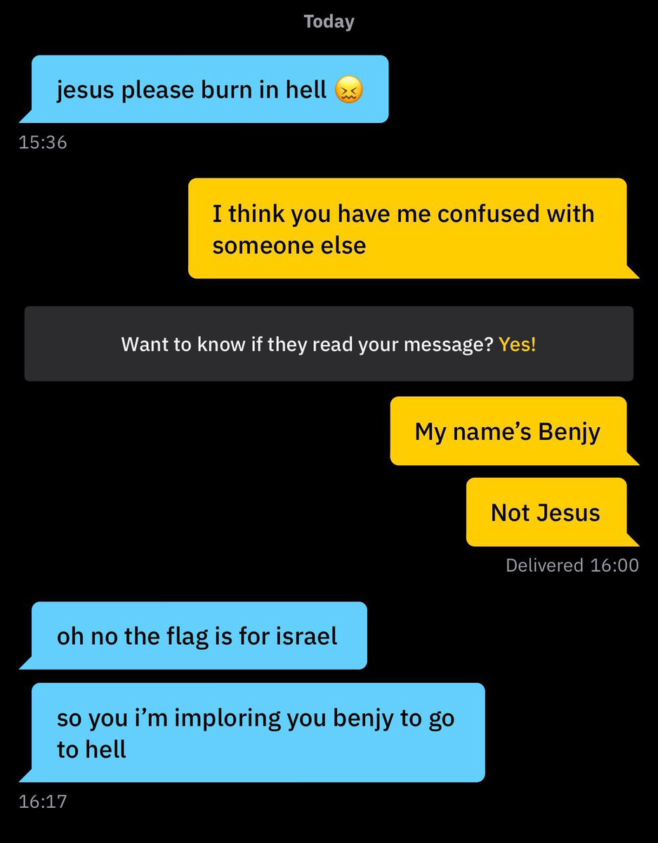 yaelbt's tweet image. What the hell is happening on Grinder?? Here’s a selection of messages my friends has been getting just for having an Israeli flag in his bio.