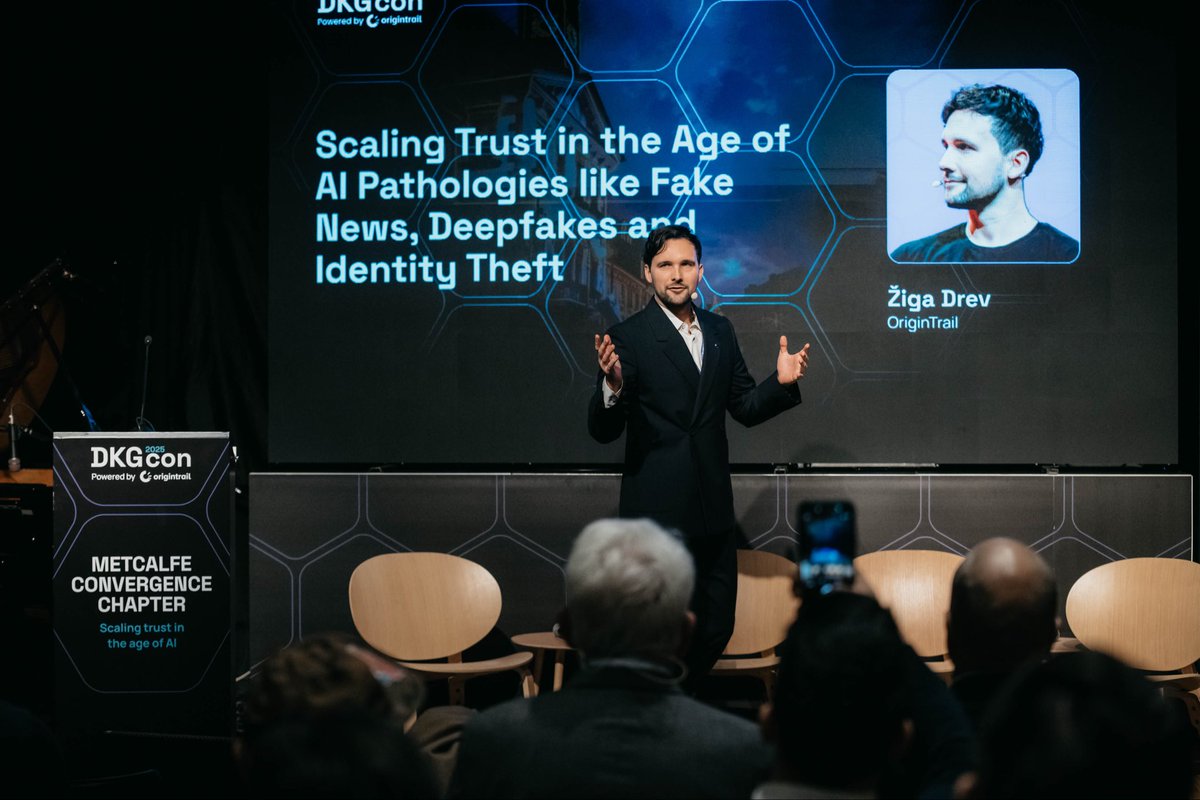 DrevZiga's tweet photo. While the world is diverging, we’re opening a new chapter together with global giants and world-class organizations.

The Metcalfe Convergence Chapter is poised to scale trust in the age of AI by connecting what others isolate and fostering collaboration instead of confrontation.

I was beyond amazed to hear directly from ecosystem members’ representatives at @origin_trail’s DKGcon about just a fraction of the exciting new developments, including:

→ Talent- and oil-rich country building on the DKG  
→ Most ambitious DeSci project with traditional pharma  
→ Continuous protection for 1 billion users
→ @umanitek expanding into B2C
→ Most ambitious roadmap to date  

Huge congratulations to the teams, ecosystem partners, and community—and special thanks to Dr. Bob Metcalfe for inspiring the journey we’re on!