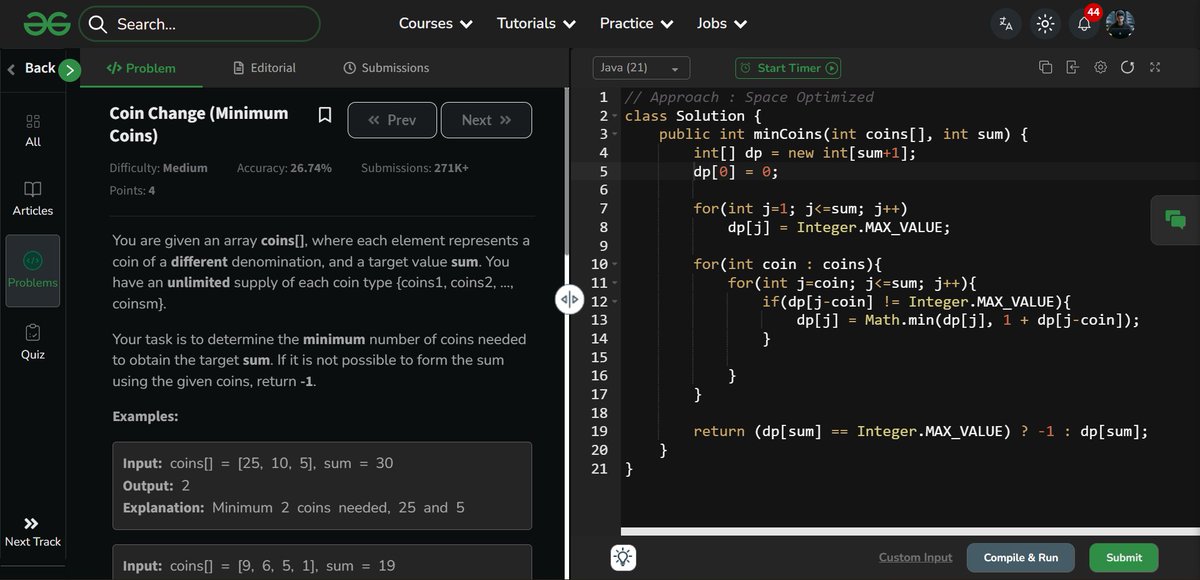 amanhaidry's tweet image. 🗓️Day-138/365 | #365DaysOfCode 💻| @geeksforgeeks

#DynamicProgramming in #DSA
✅Problem: Coin Change (Minimum Coin)
✅Problem: Coin Change (Count Ways)

#nationskillup #365DaysOfDSA #geeksforgeeks #gfg #365DaysOfcoding #java #DataStructuresAndAlgorithms