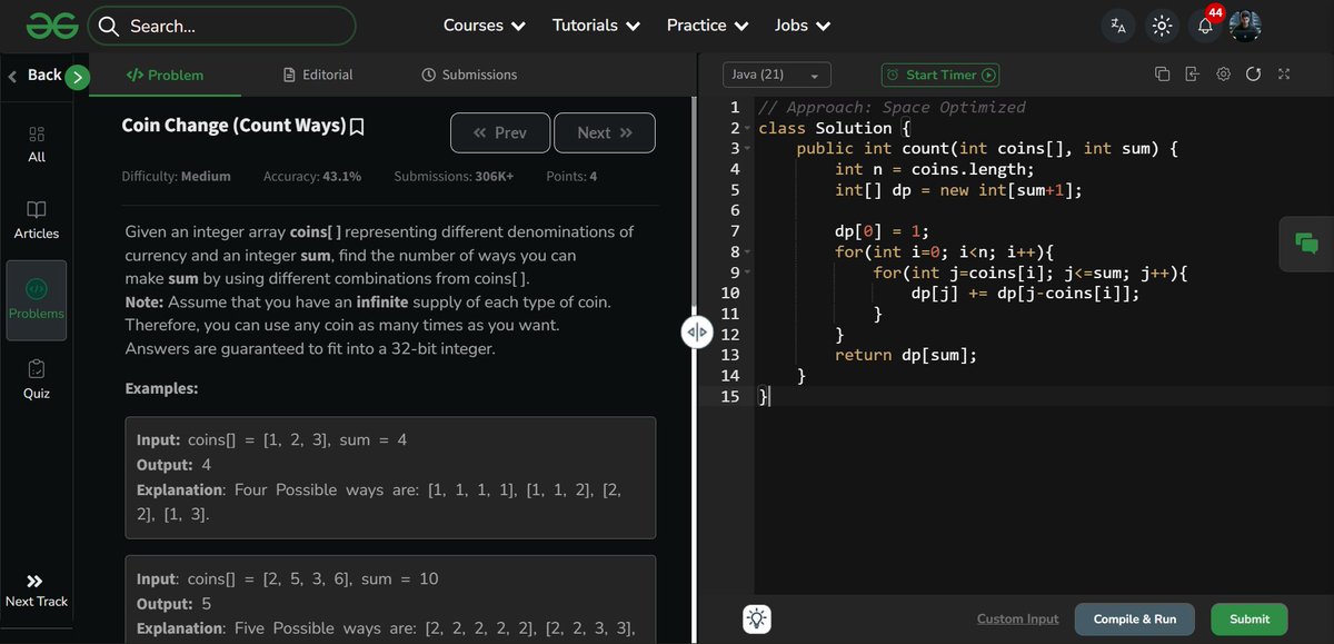amanhaidry's tweet image. 🗓️Day-138/365 | #365DaysOfCode 💻| @geeksforgeeks

#DynamicProgramming in #DSA
✅Problem: Coin Change (Minimum Coin)
✅Problem: Coin Change (Count Ways)

#nationskillup #365DaysOfDSA #geeksforgeeks #gfg #365DaysOfcoding #java #DataStructuresAndAlgorithms
