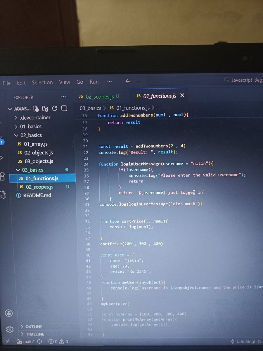 JatinCodes's tweet image. #Day04 of coding daily 
Today I learned JS :
1. Array
2. Objects
3. Functions 
4. Scopes

It&apos;s been fun after endsems and practicals now I will be posting regularly 💯🔥
