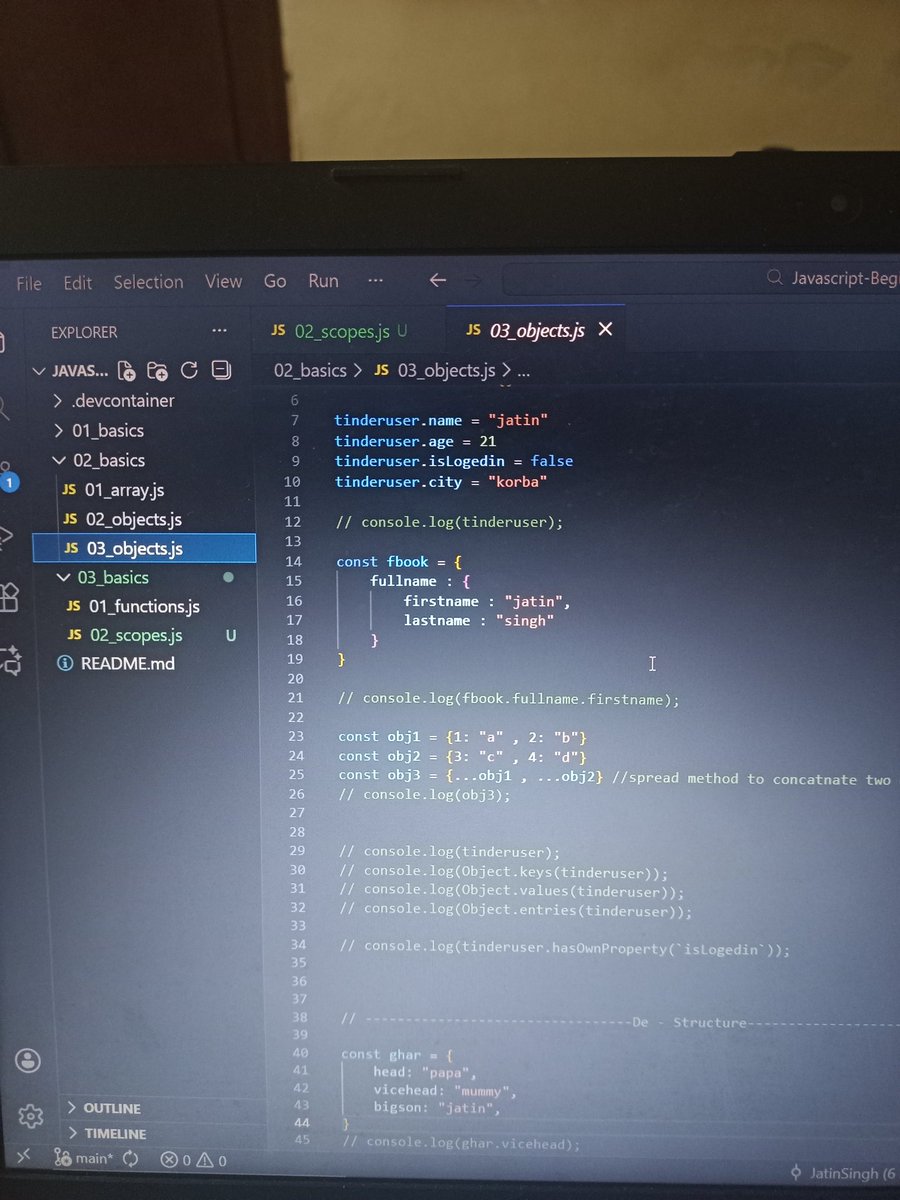 JatinCodes's tweet image. #Day04 of coding daily 
Today I learned JS :
1. Array
2. Objects
3. Functions 
4. Scopes

It&apos;s been fun after endsems and practicals now I will be posting regularly 💯🔥