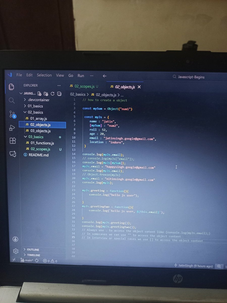 JatinCodes's tweet image. #Day04 of coding daily 
Today I learned JS :
1. Array
2. Objects
3. Functions 
4. Scopes

It&apos;s been fun after endsems and practicals now I will be posting regularly 💯🔥