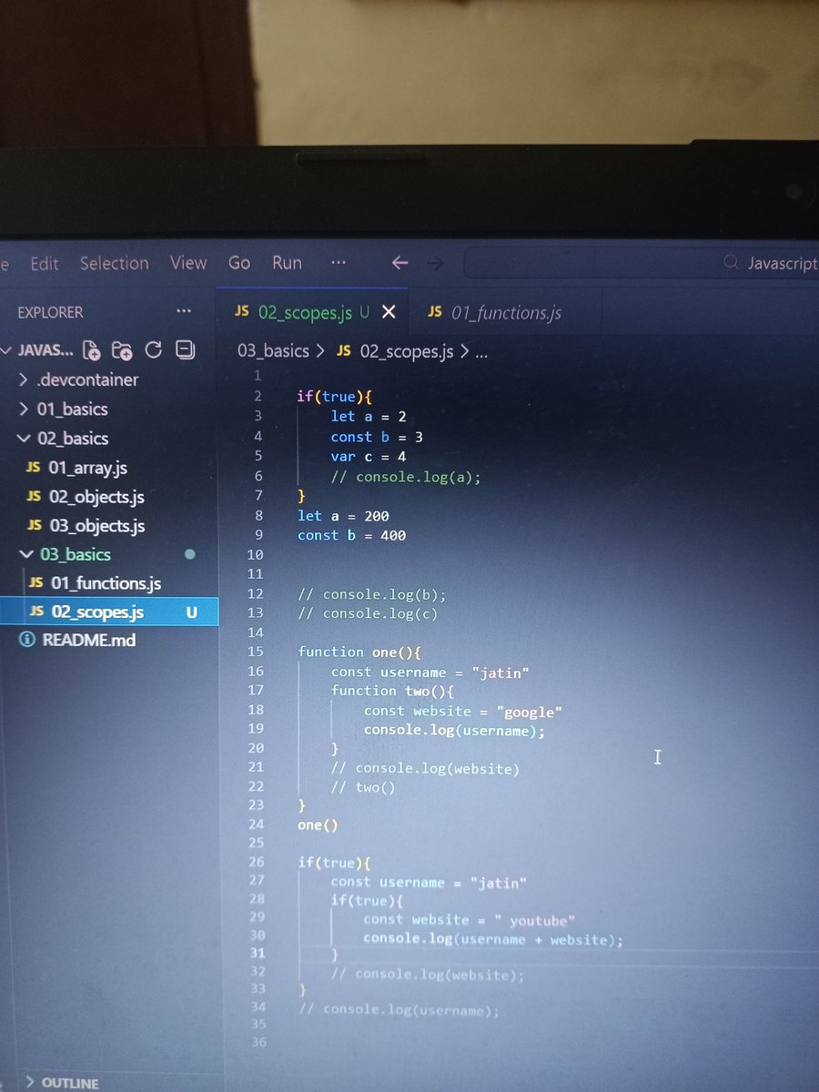 JatinCodes's tweet image. #Day04 of coding daily 
Today I learned JS :
1. Array
2. Objects
3. Functions 
4. Scopes

It&apos;s been fun after endsems and practicals now I will be posting regularly 💯🔥