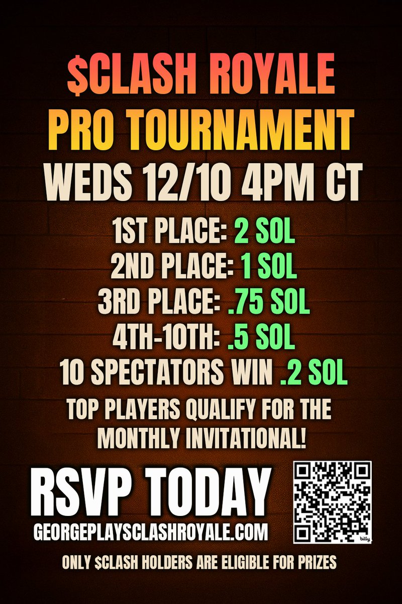 GeorgePlayClash's tweet image. The $CLASH Royale Pro Tournament goes live Weds 12/10 @ 4PM CT. Step into the arena, fight for glory, and earn your shot at the Monthly Invitational! Even spectators have chances to win 🎁 #ClashRoyale

Sign up now: georgeplaysclashroyale.com/tournament
Join Discord community:…