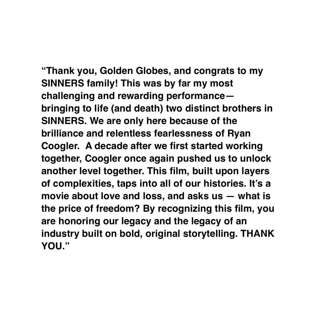 Michael B. Jordan reacts to his Golden Globe nomination for ‘SINNERS’

"Ryan Coogler once again pushed us to unlock another level together. This film, built upon of complexities, taps into all of our histories."