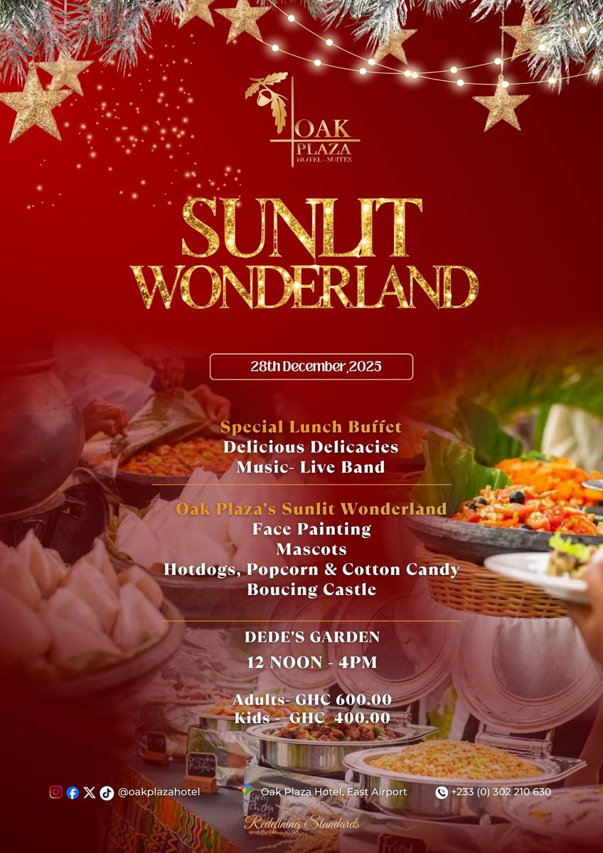 oakplazagroup's tweet image. The party continues! 🎉 Don't miss the Sunlit Wonderland on Dec 28th (12PM-4PM). Live Band, delicious buffet, plus a Bouncing Castle for the kids! Adults GHC 600.

📍 East Airport 📞 0205111235 #SunlitWonderland #AccraEvents #BouncingCastle #Dec28th