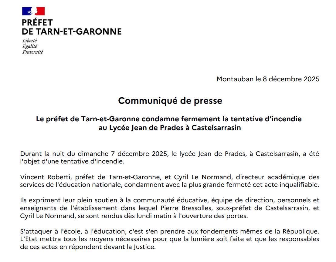 Image de Préfet de Tarn-et-Garonne - #Communiqué 🔴 l Le préfet de Tarn-et-Garonne condamne fermement la tentative d’incendie au Lycée Je