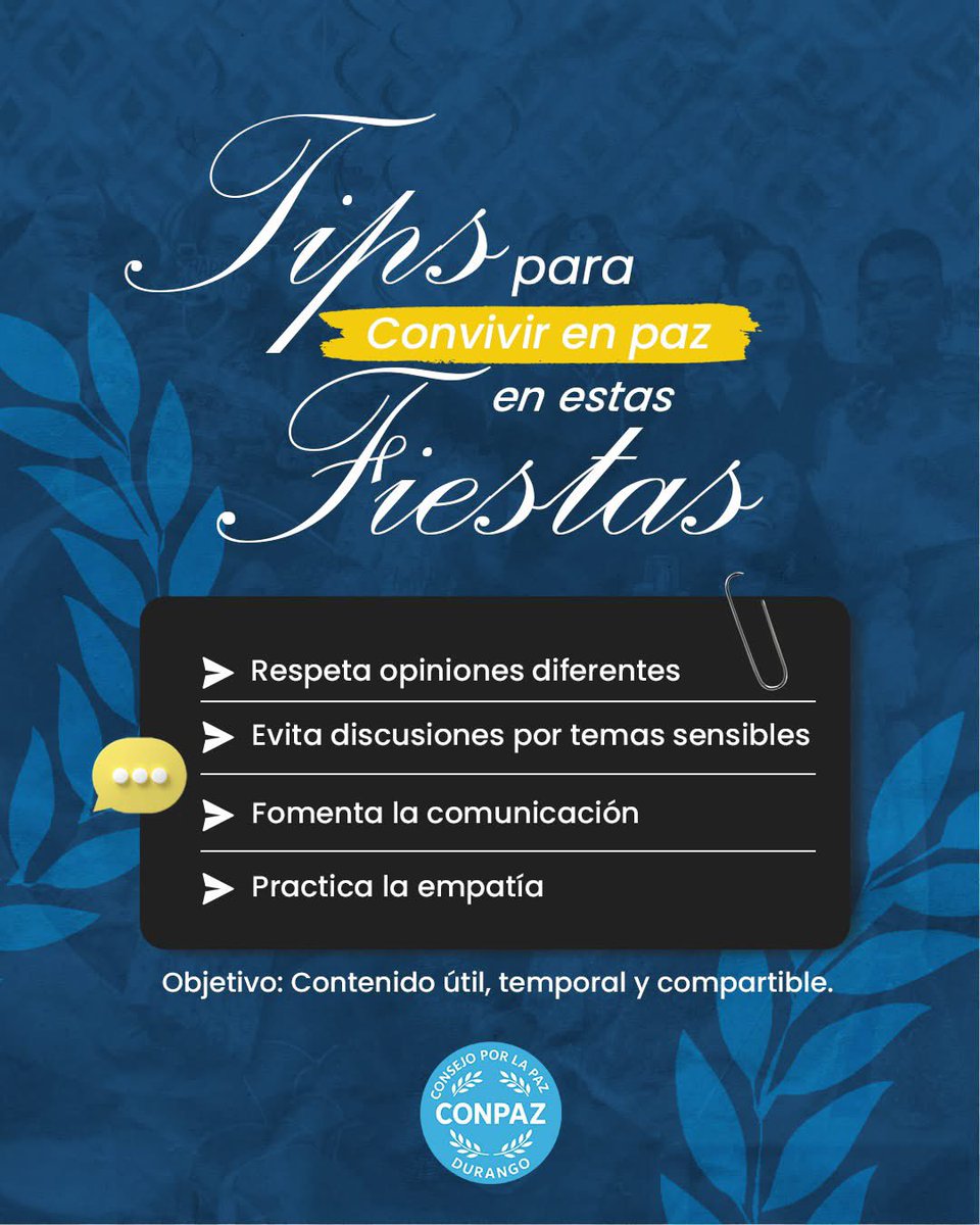 ConsejoPazDgo's tweet image. 🎄✨ Las fiestas son para disfrutar, convivir y crear buenos recuerdos… pero a veces también pueden traer momentos tensos.

Por eso preparamos estos tips sencillos que pueden ayudarte a mantener la armonía y vivir estas fechas con más calma y empatía 🤝