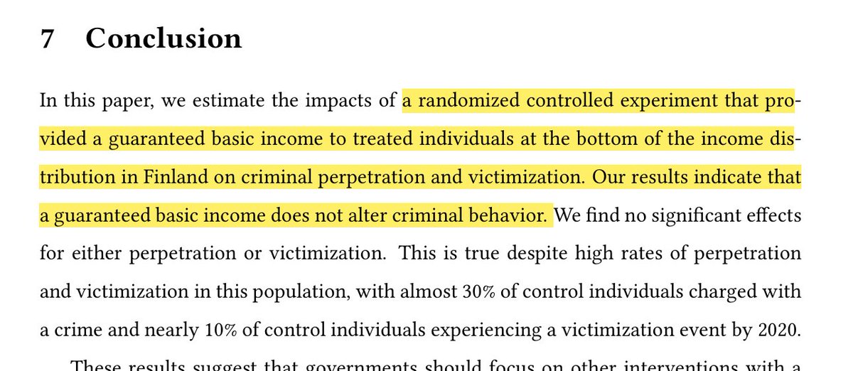 Very strong new evidence against the notion that poverty causes crime.

*Experimental* data on unconditional monthly payments to poor individuals in Finland, finds that the treatment (payment) has no causal effect on criminal perpetration or victimization.