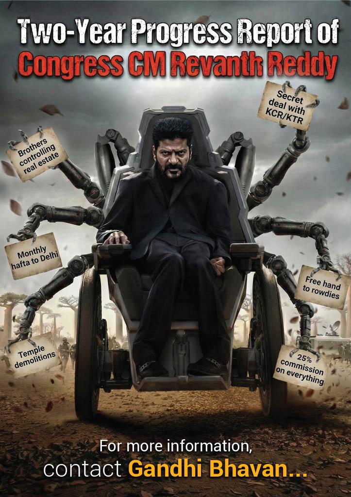 BJP4India's tweet photo. THEY ARRESTED HIM FOR THIS POSTER!

The Emergency mindset is still well and alive in India.

The Congress Govt in Telangana can’t handle the truth, so they resort to authoritarianism.

When BJP Telangana put up THIS poster exposing Revanth Reddy’s 2-year failure, the government sent police, not replies.

Two years in power, six powerful hands, one failed Chief Minister.
The poster that shook the Congress:
• Real estate in Telangana taken over by CM’s family
• Weekly money collections sent to Delhi high command
• Hindu temples being demolished across the state
• Secret deal to protect KCR & stop all prosecution
• Goons & rowdies controlling public space instead of law & order
• 25% commission on every file, contract and project

Instead of defending itself democratically and offering accountability, Congress arrested the Social Media Convener of BJP Telangana.

Rahul Gandhi’s “mohabbat ki dukaan” is a farce.
He is proudly carrying forward Indira’s dictatorial baton.