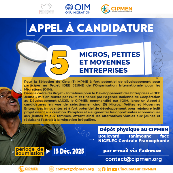 Cipmen's tweet photo. #news
📢 APPEL À CANDIDATURES – Projet #IDEE_Jeune

📍 Dépôt des dossiers : CIPMEN siège
📅 Date limite : 15 déc. 2025
☎️ Infos : 91 33 91 24
📑👉: https://t.co/1q5WWTd50M

Rejoignez un projet qui transforme les idées en #impact 
#JeunesseNigérienne 
@OIM_Niger 
@aics_it https://t.co/C5Fh1U5Jxu