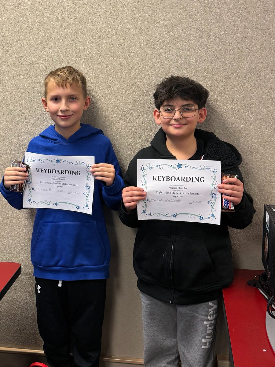 Congratulations to Noah Gleason and Michel Ornelas for earning  Keyboarding student of the semester in Mrs. Wentz’s class!!