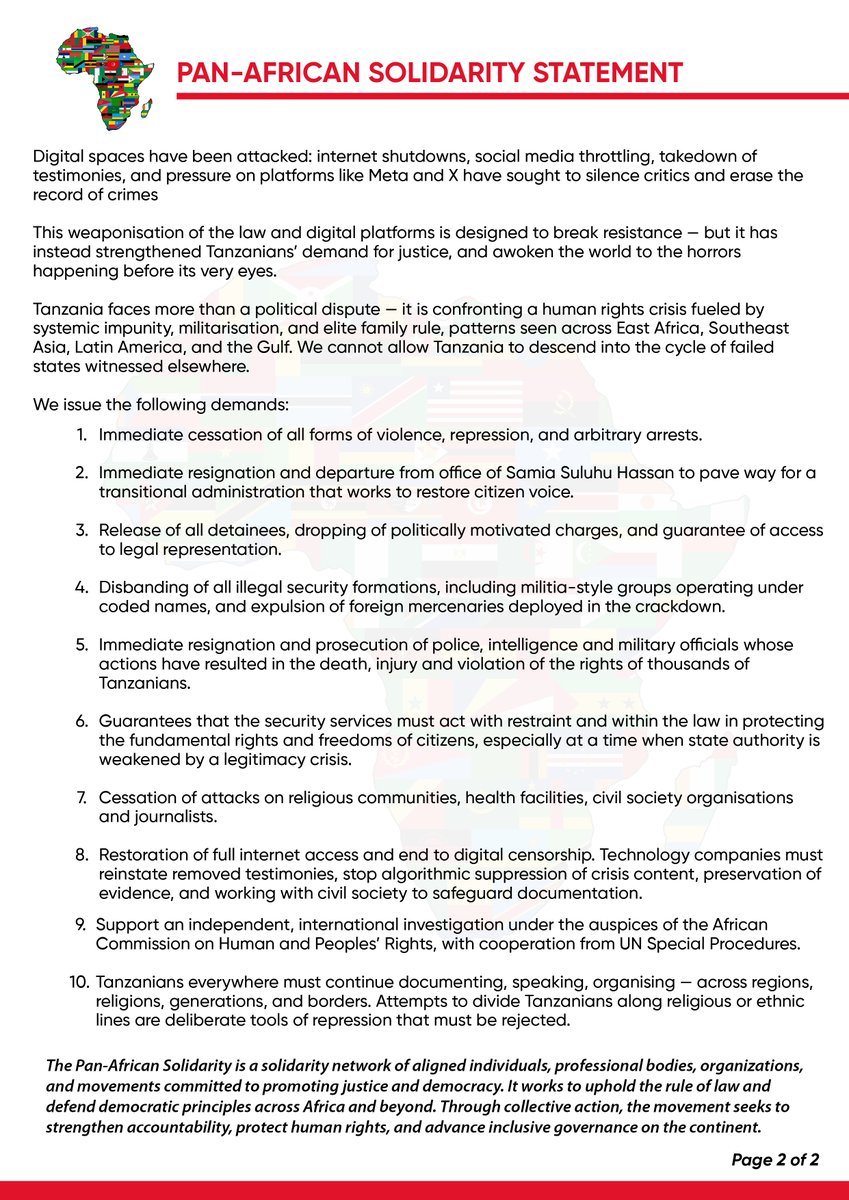 #PressStatement 
Tanzania is now facing more than a political dispute—it is confronting a human rights crisis that is fuelled by systemic impunity, militarisation, and elite family rule. Credible accounts point to more than 4,000 deaths, thousands injured, and thousands more