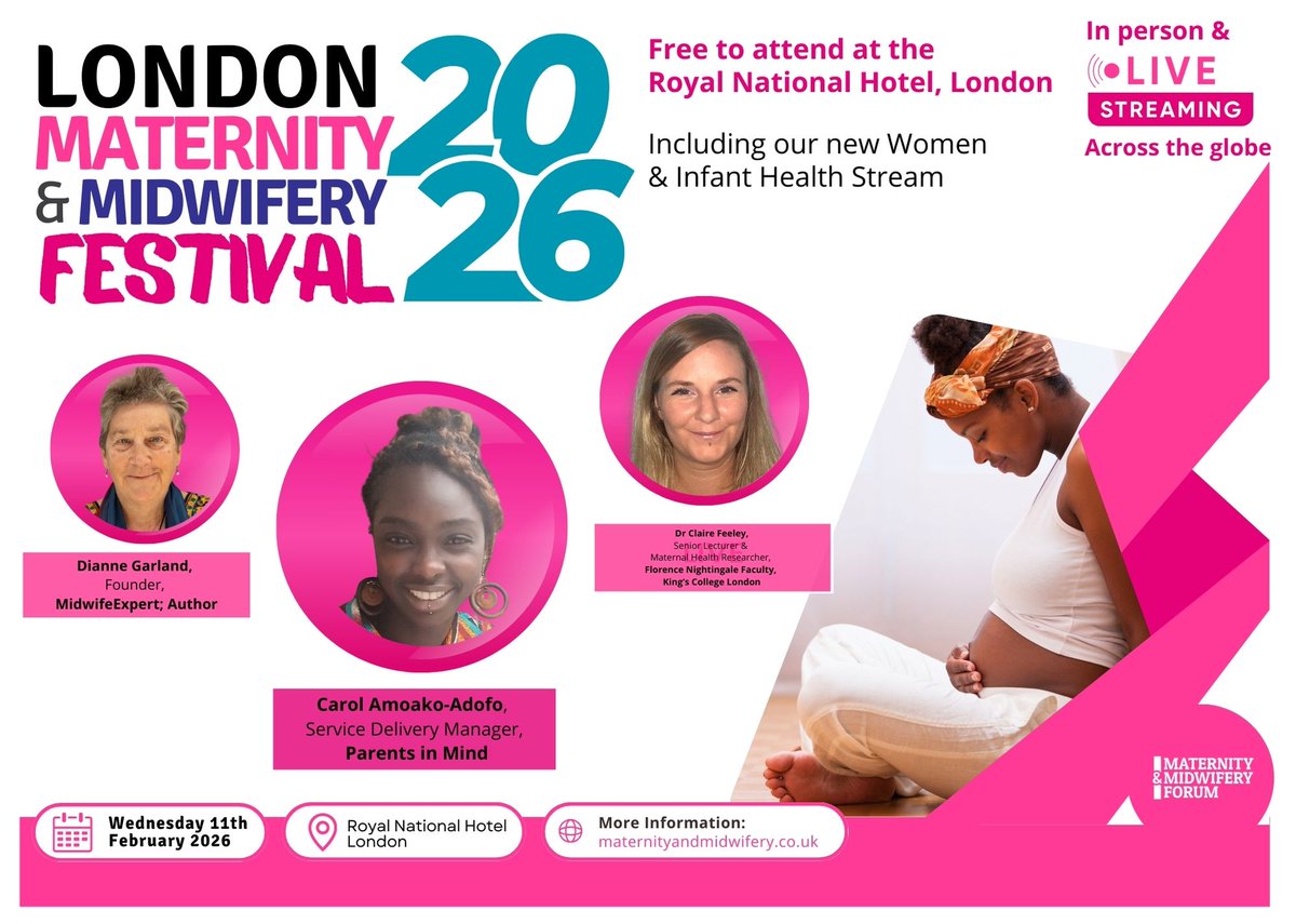 MidwiferyForum's tweet photo. London Maternity & Midwifery Festival 2026
Wed 11 Feb | Royal National Hotel, London
FREE to attend | In person & online
🎤 Dianne Garland, Carol Amoako-Adofo, Dr Claire Feeley & more!
🔗 Register: https://t.co/2sQIq4PZw9
#MidwiferyFestival #MatFlix https://t.co/aFMYn7YWHu