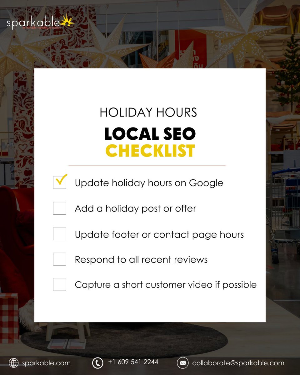 sparkable's tweet image. Staying visible (and accurate!) for the holidays starts with a solid Holiday Hours + Local SEO Checklist. 🎄✨
We’re updating business listings, optimizing Google Business Profile, refreshing website hours, and tightening up our year-end review strategy.