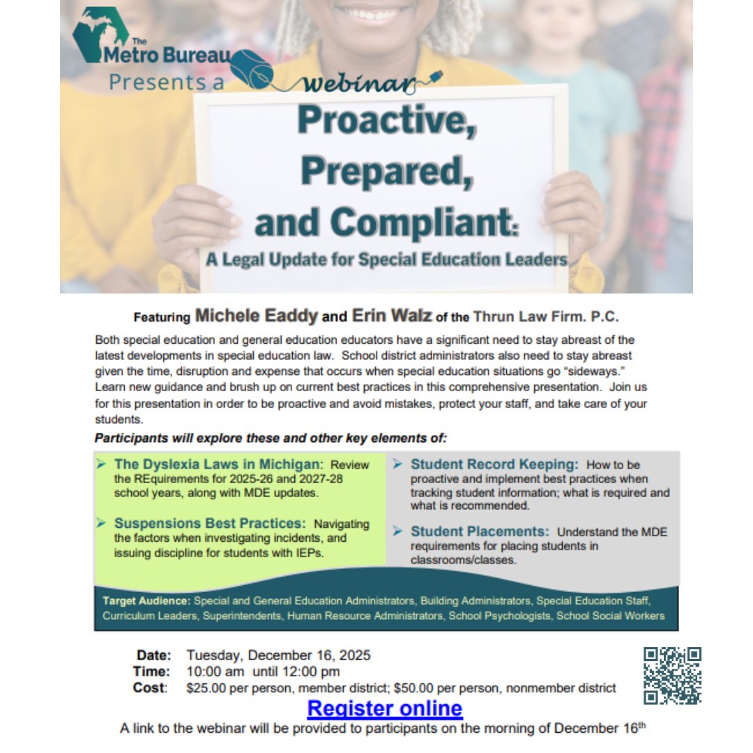 📘 Legal Update for Special Ed Leaders
Join Michele Eaddy &amp; Erin Walz for key updates, best practices, and guidance to help protect staff and support students.
📅 Dec 16, 2025
💻 Virtual
Don’t miss this important session!

metrobureau.org