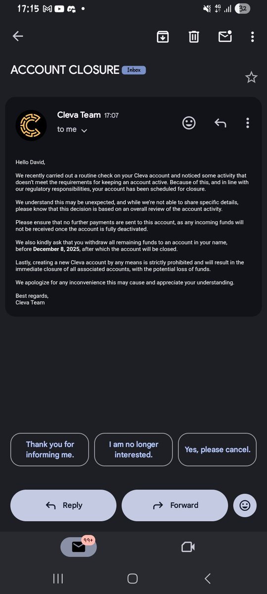 DavidBuoro3's tweet photo. @clevabanking My account was terminated without disclosing any reason for the taking such action is this how you operate now? @clevabanking https://t.co/AONWTSLoT0