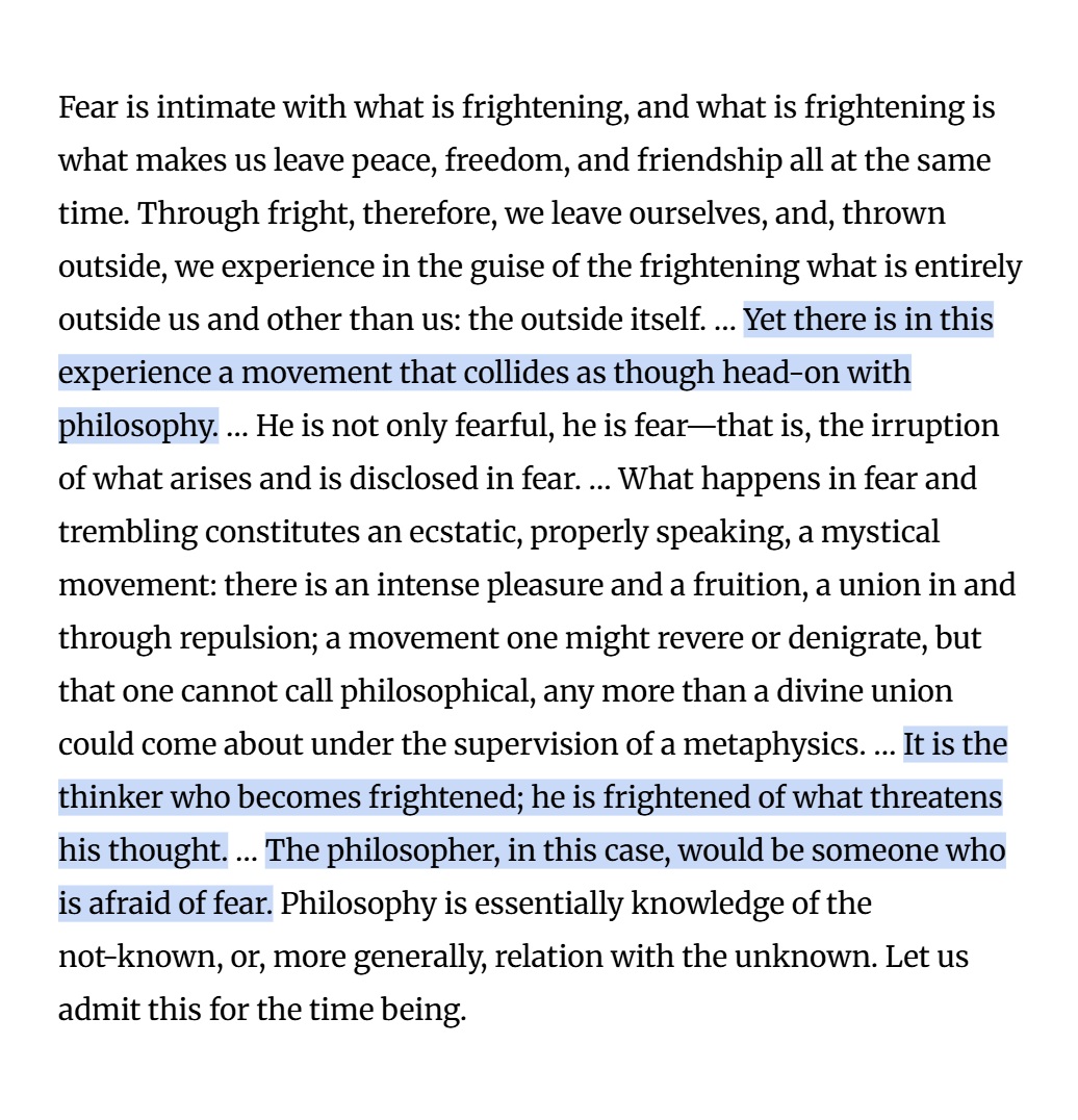 Blanchot goes further:

“The philosopher, in this case, would be someone who is afraid of fear…”

(from The Infinite Conversation)