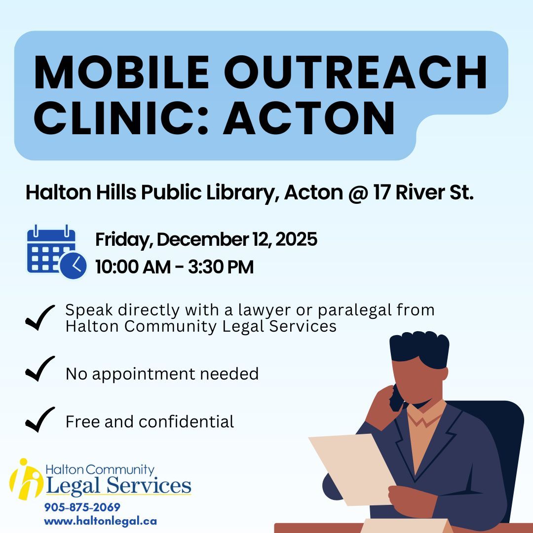HaltonLegal's tweet image. Need free legal help? ⚖️ The #MobileOutreachClinic is in #Acton this Friday, December 12 from 10 AM to 3:30 PM.

Visit us inside the Halton Hills Public Library, Acton Branch to speak with a lawyer or paralegal! No appointment needed, always free and confidential.

 #haltonhills