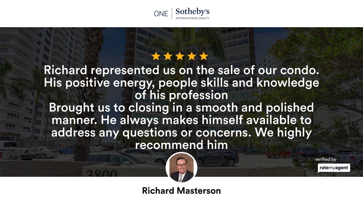 richmastersonFL's tweet image. My latest RateMyAgent review in Fort Lauderdale.
BROKER 496541
rma.reviews/fs994vca06la

...
#ratemyagent #realestate #ONE_SOTHEBYS_INTL_REALTY