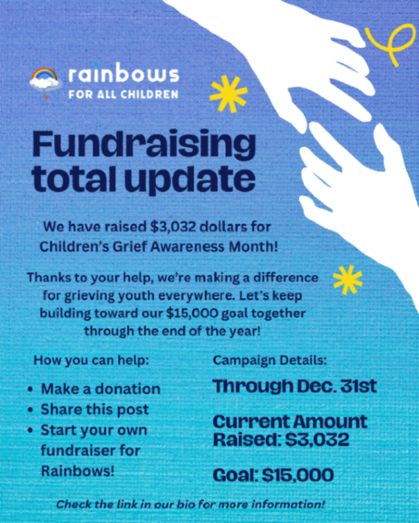 Thank you to everyone who has continued supporting our Children’s Grief Awareness Month Fundraiser! Since extending the campaign into December, we've increased our total to $3,032! Check the link in our bio to donate or learn more! #childrensgriefawarenessmonth