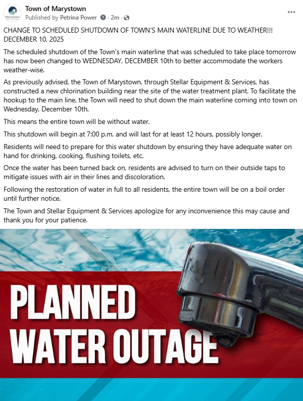 CHANGE TO SCHEDULED SHUTDOWN OF TOWN'S MAIN WATERLINE DUE TO WEATHER!!! DECEMBER 10, 2025