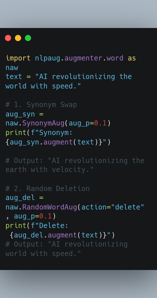 kernelbits's tweet image. #NLP Tricks #1 ✨

Short on data for your NLP project? The quickest fix:

“Random deletion (p=0.1)” + “Synonym swap (p=0.1)”

2 simple ops → 3x data diversity, reduced overfitting.

Boost accuracy with just 1 line of code. 📈

#MachineLearning #datasciencewithpython