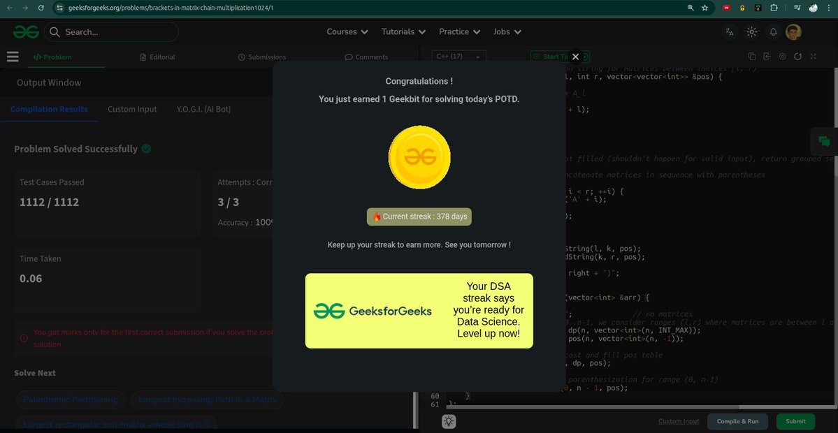 whyamihim's tweet image. Day - 378 
Problem - Brackets in MCM 
#gfg #geekstreak2025 #1000daysofcode